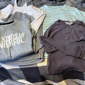 Athleta Girl Purple Waffle-Knit Crewneck, striped mint top, two others